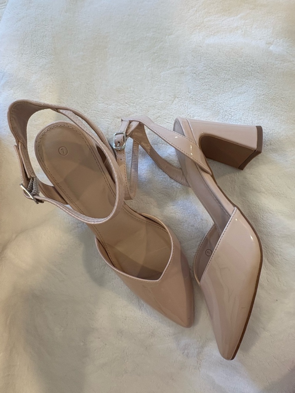 Patent Pointed-Toe Block Heel Sandals in Nude